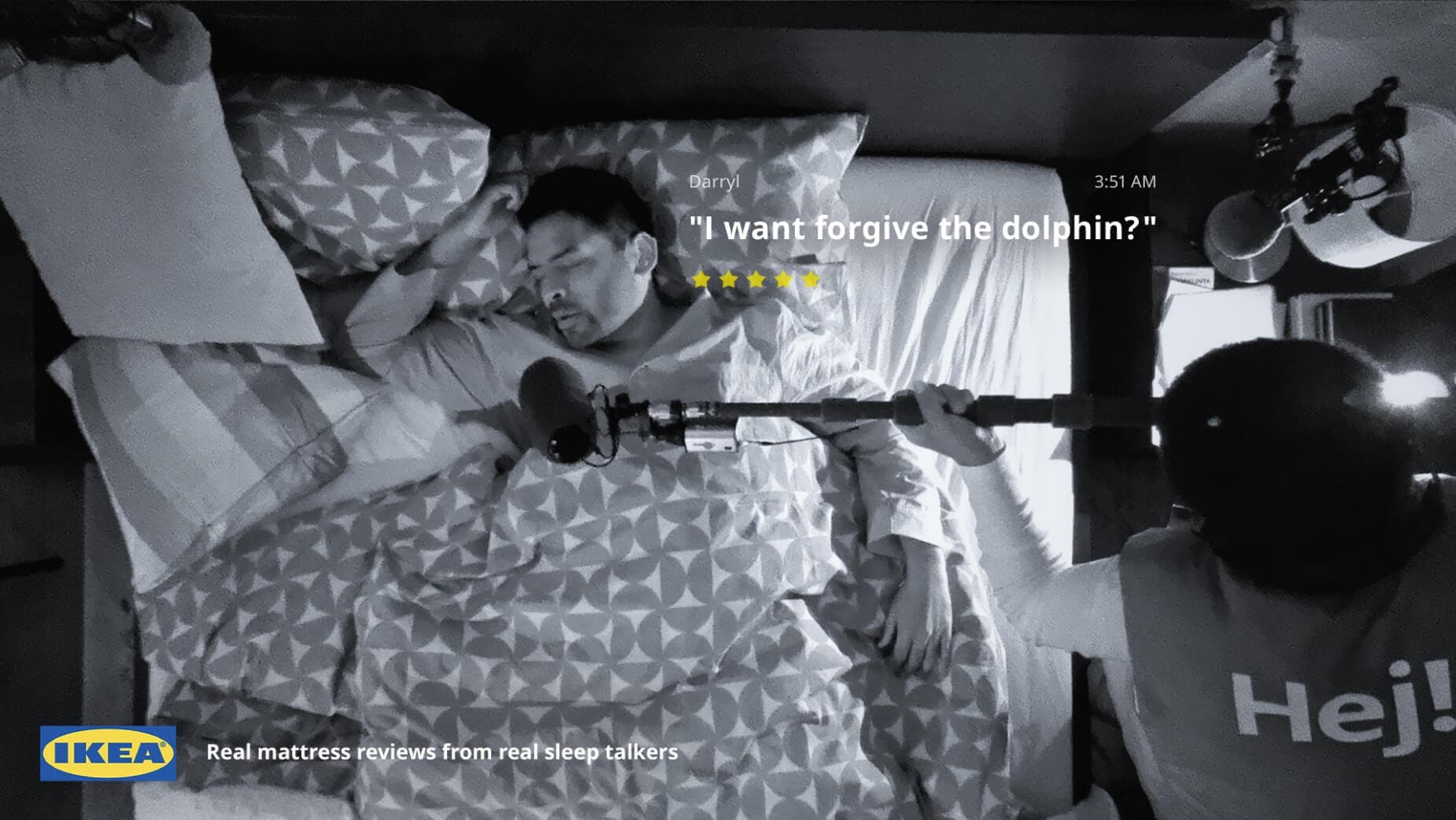Behind the scenes of IKEA Sleep Talk Reviews: a participant drifts off to sleep as the night-vision rig rolls, recording whatever they say for real IKEA mattress reviews — directed by Martin Marko for Rethink
