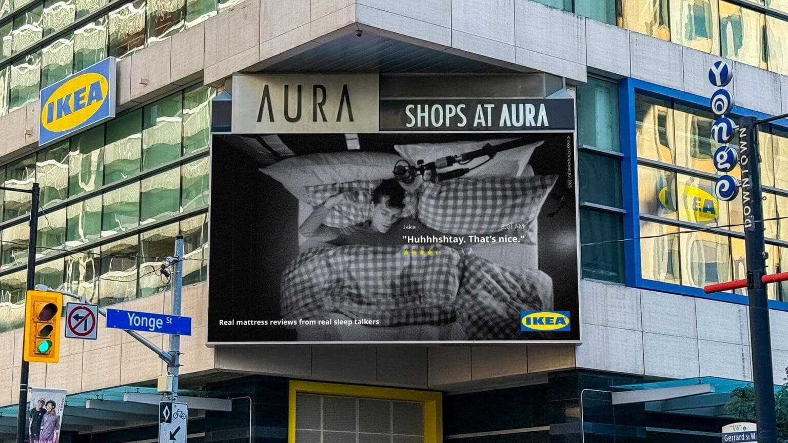 On-set BTS from IKEA Sleep Talk Reviews: crew monitors overnight audio from sleeping participants in IKEA's Toronto showroom — directed by Martin Marko, agency Rethink, production company Ajax Creative